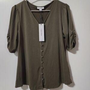 NWT Calvin Klein Button Green Shirt vneck small